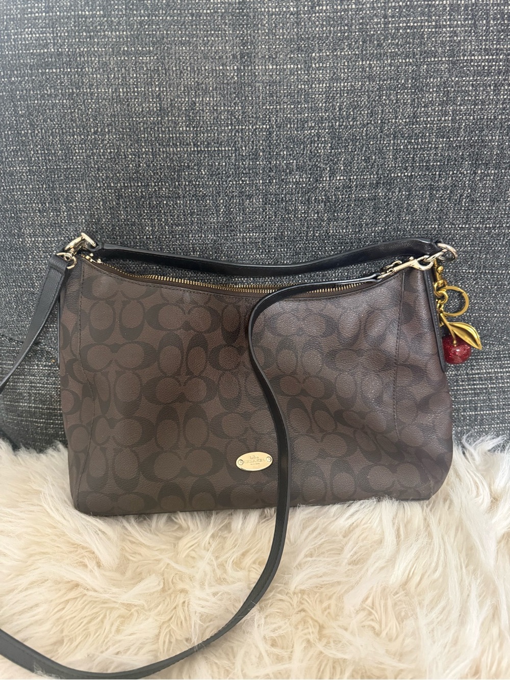 Coach Brown Signature Canvas Shoulder Bag with Red Cherry Charm
